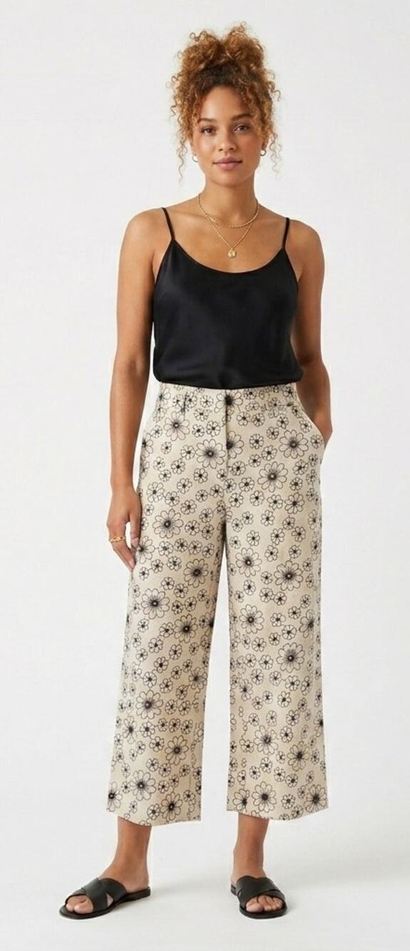 Grace Elements 100% Linen Floral Embroidered Cropped Trousers Size 6 Artsy Euro